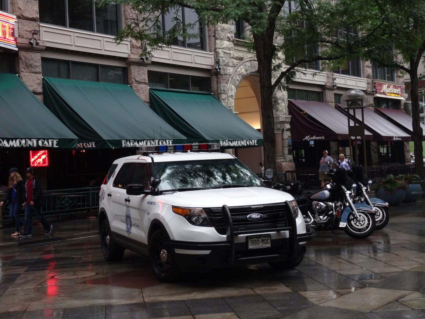Denver Police SUV and Motorcycles park on promenade
