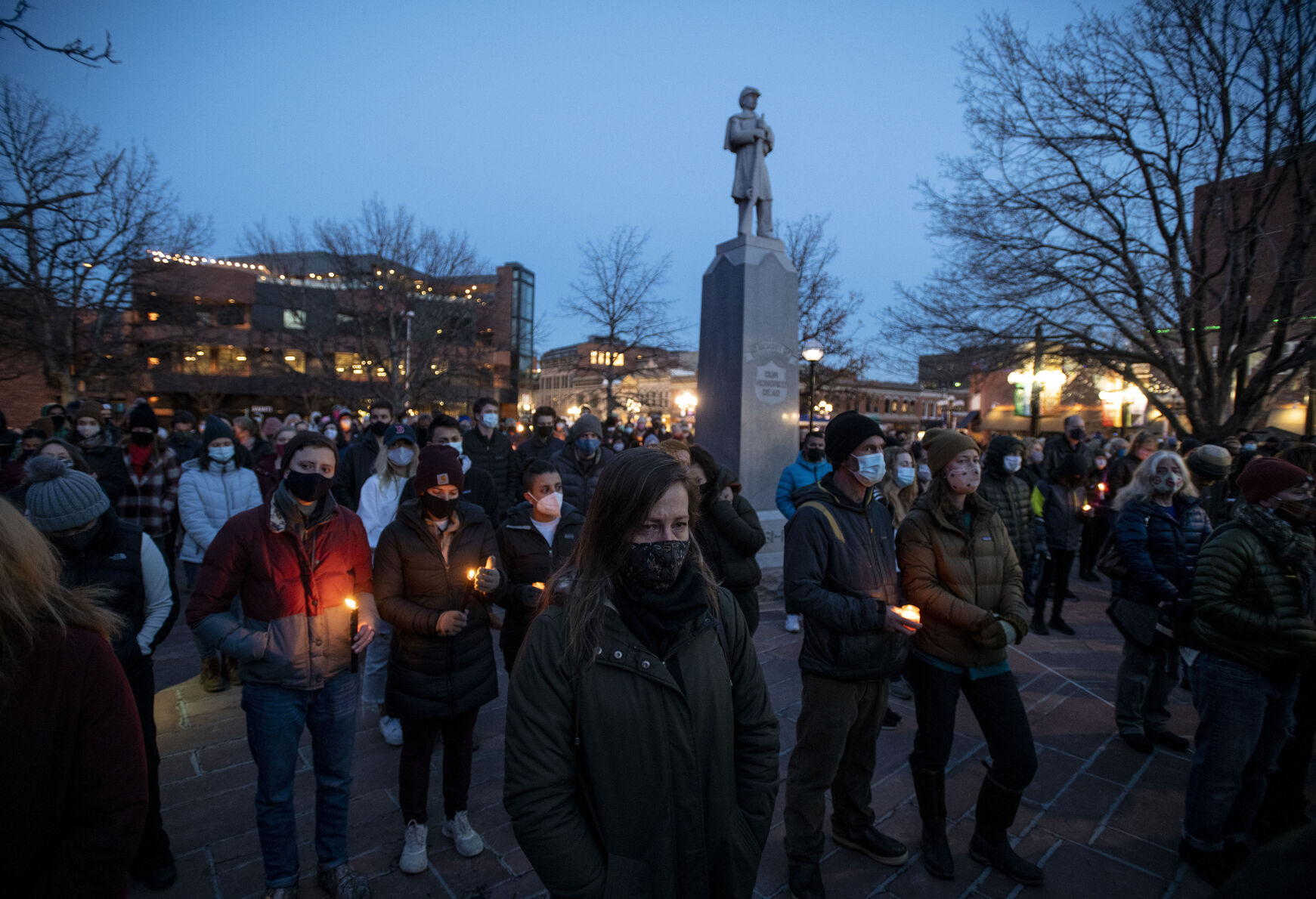 A candlelight vigil was held to mourn the loss of 10 people including a police officer who were killed in a mass shooting at King Soopers supermarket on Monday, outside the courthouse in Boulder, Colo., on Wednesday, March 24, 2021. (Chancey Bush/ The Gazette) (Chancey Bush)