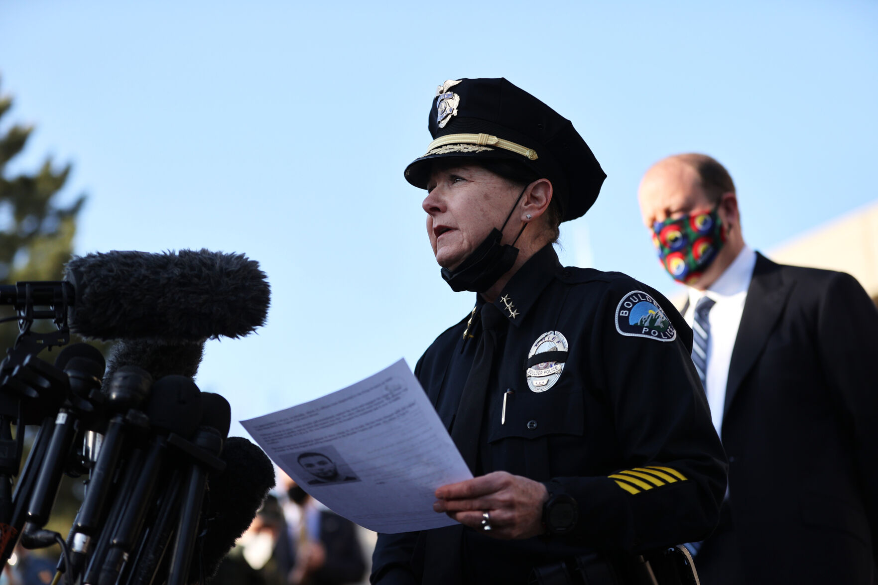 Boulder Police Chief Maris Herold speaks to members of the media outside of the department headquarters in Boulder on March 23, 2021. A gunman killed 10 people in a mass shooting at the King Soopers store on Table Mesa Drive the day before. (Forrest Czarnecki/The Gazette) (Forrest Czarnecki)