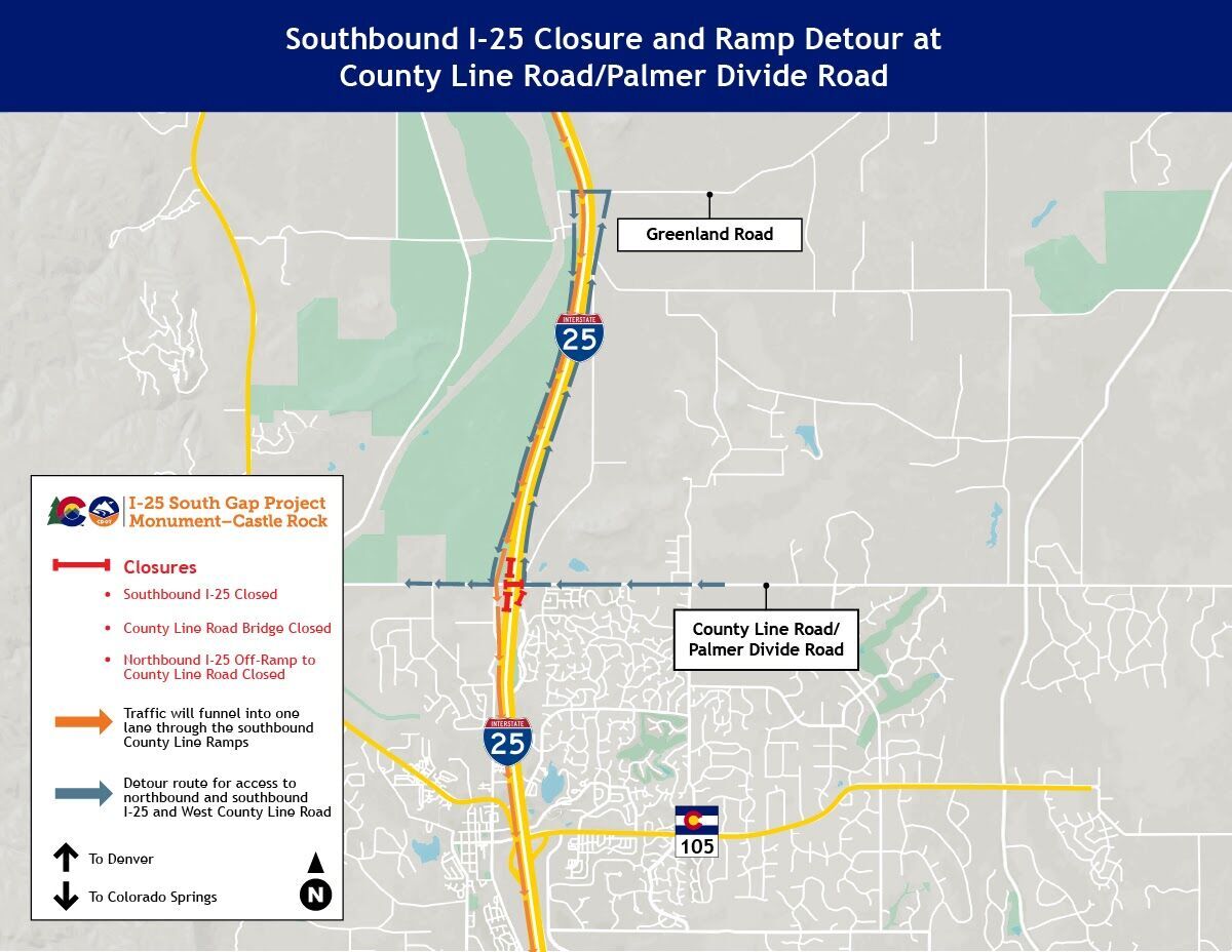 Southbound I-25 closure and ramp detour at County Line Road/Palmer Divide Road