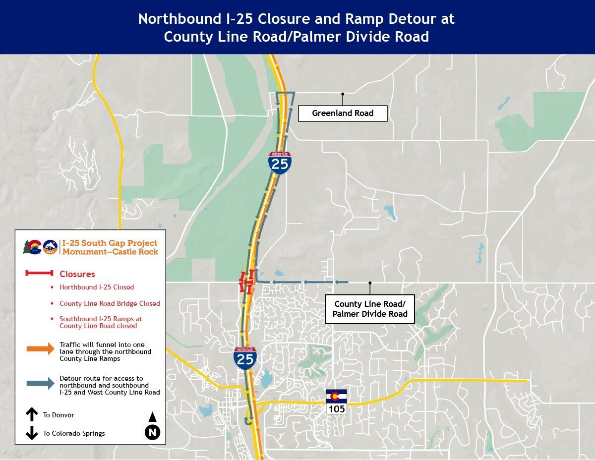 Northbound I-25 closure and ramp detour at County Line Road/Palmer Divide Road