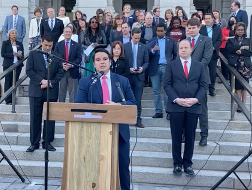 Sen. Dominick Moreno of Commerce City addresses a May 24 press conference in which leaders announced how the state will spend $3.8 billion in federal stimulus dollars from the American Rescue Plan.