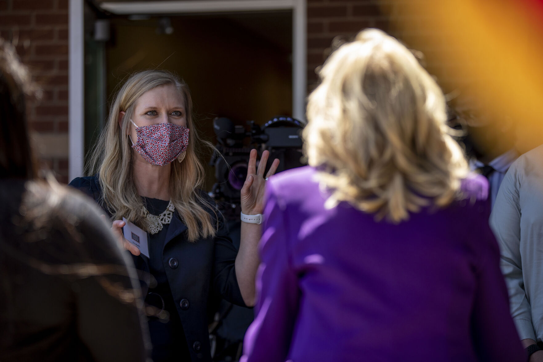 First lady Jill Biden visits with military spouse Beth Woodward during the USO Military Spouse Connection event at Fort Carson military base south of Colorado Springs, Colo., on Thursday, May 6, 2021, to celebrate military spouses ahead of Military Spouse Appreciation Day this Friday. (Chancey Bush/ The Gazette) (Chancey Bush/ The Gazette)