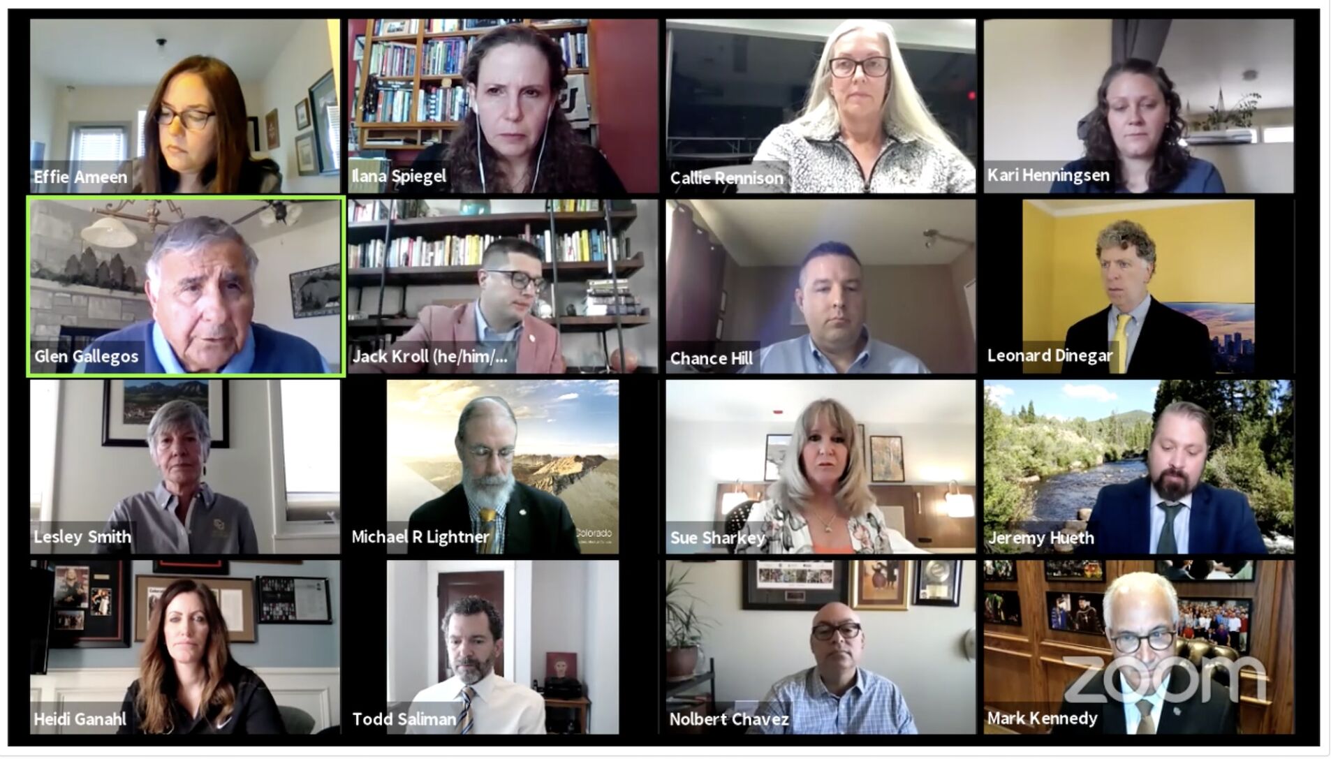 The nine-member University of Colorado Board of Regents meets virtually on Wednesday, May 19, 2021, to vote on an agreement with departing system president Mark Kennedy, lower right. The board voted 8-1 to approve a $1.3 million lump-sum payment to Kennedy, who is leaving his position by July 1, roughly a year before his three-year contract is up. ((via Zoom))