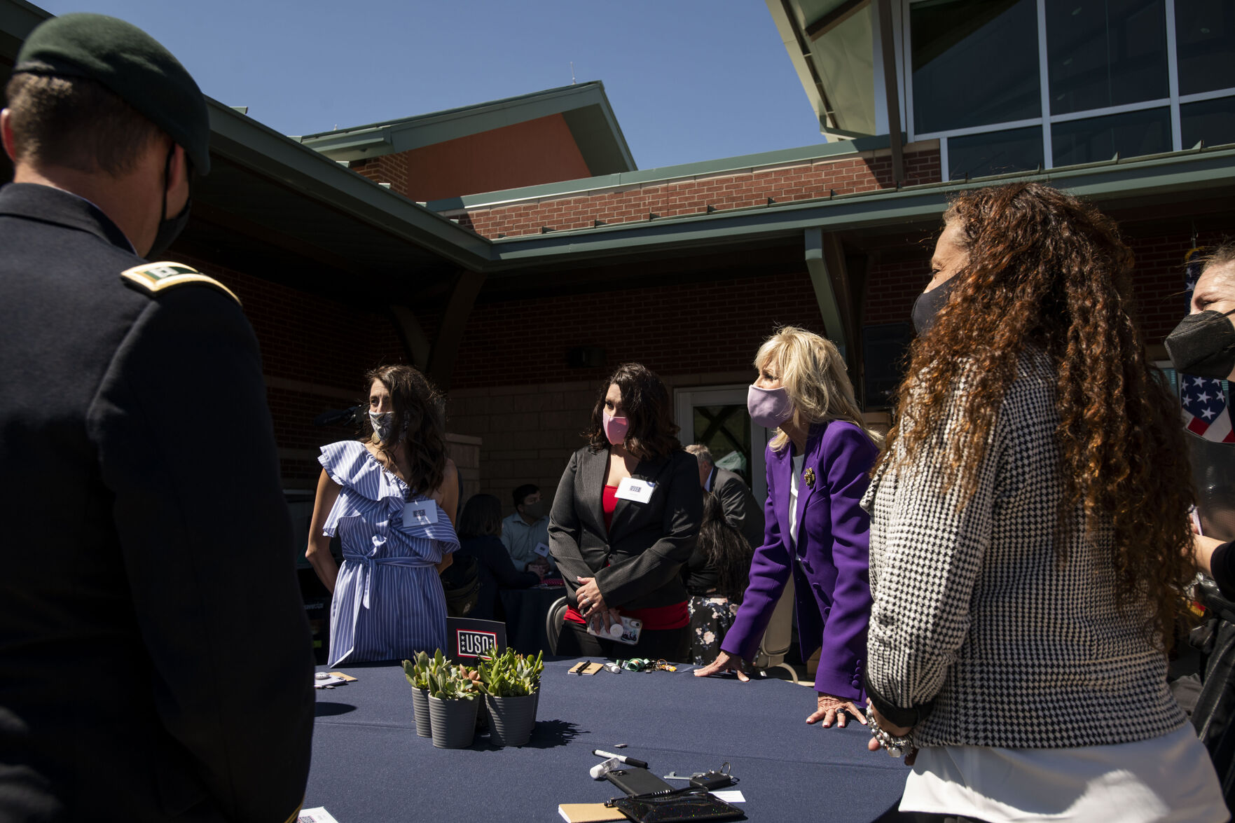 First lady Jill Biden visits with military spouses during the USO Military Spouse Connection event at Fort Carson military base south of Colorado Springs, Colo., on Thursday, May 6, 2021, to celebrate military spouses ahead of Military Spouse Appreciation Day this Friday. (Chancey Bush/ The Gazette) (Chancey Bush/ The Gazette)