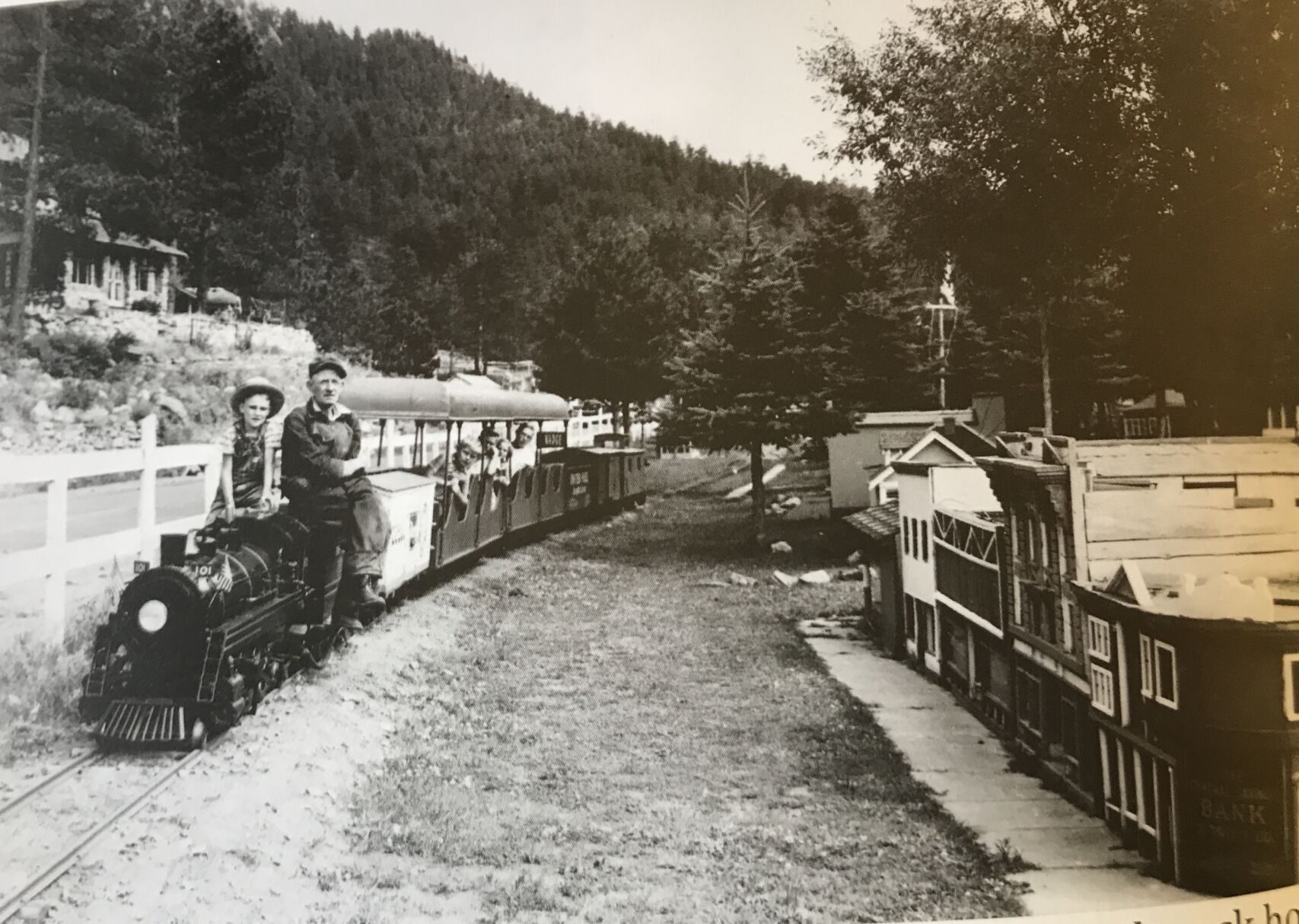 Harry Frazer on the Tiny Town engine he built while in charge of the Denver area roadside attraction from 1927-37. (courtesy of Tiny Town)