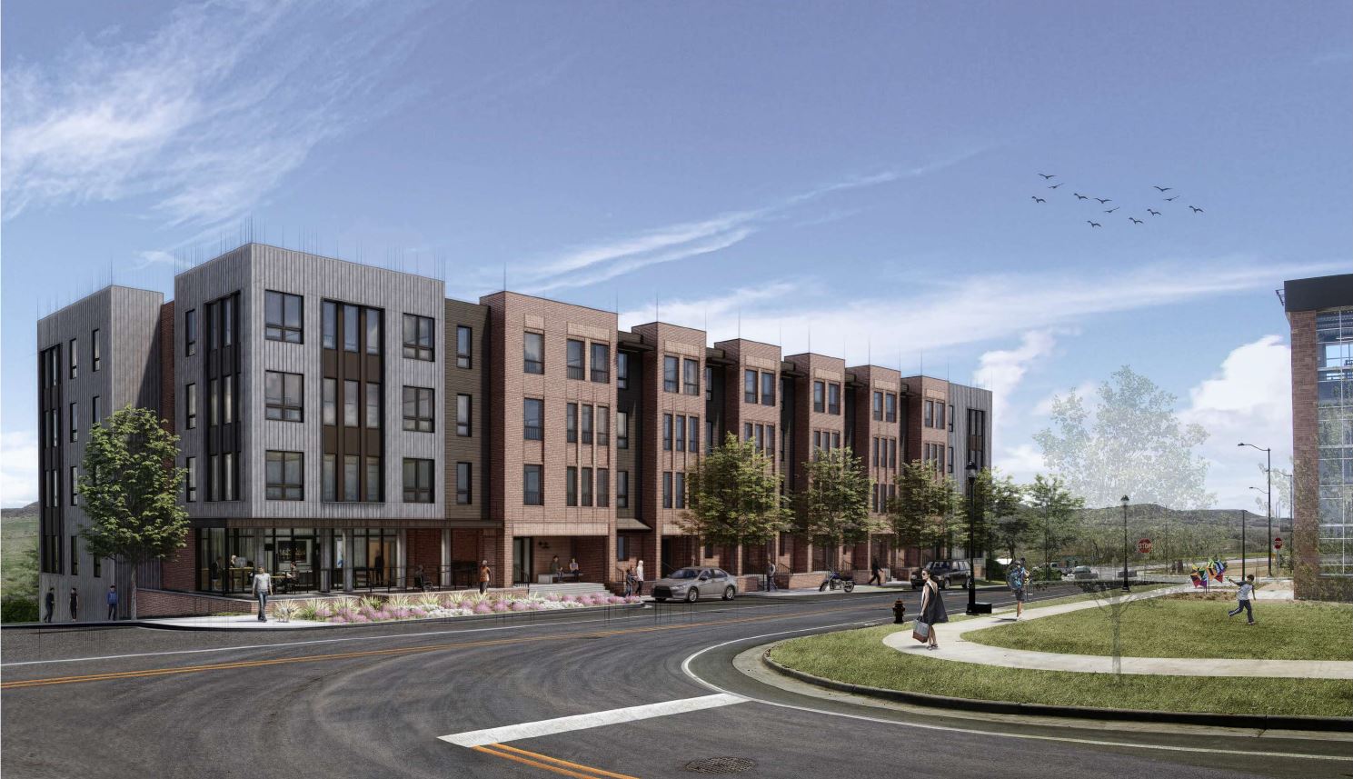 A rendering of the affordable apartment complex in the Ridgegate development in Lone Tree, adjacent to RTD's Ridgegate light rail statation. (Courtesy of Koelbel and Company)