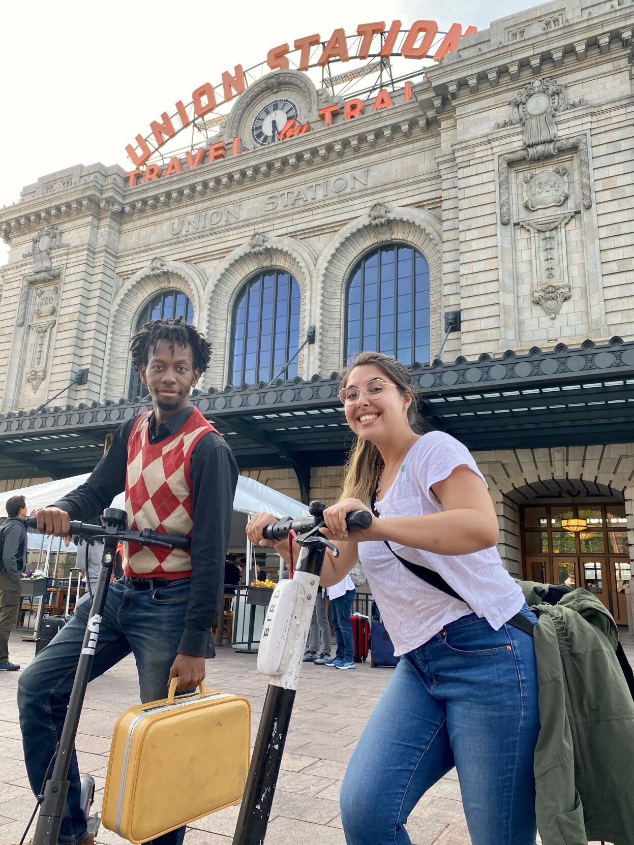 Brenton Weyi and Leah Cárdenas on location with “The Bright Lights of Denver,” an interactive podcasting experience dropping June 8. (courtesy of Off-Center)