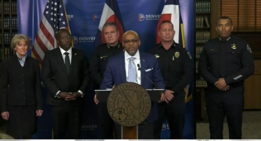 From left, Denver District Attorney Beth McCann, Public Safety Director Murphy Robinson, police Chief Paul Pazen, Mayor Michael Hancock, Denver fire Chief Desmond Fulton and Denver Sheriff Elias Diggins.