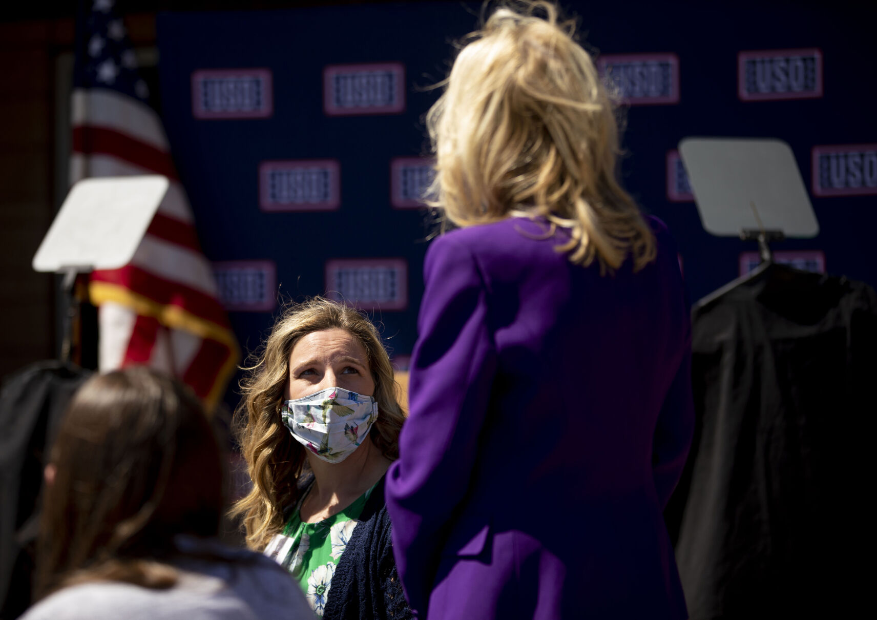 First lady Jill Biden visits with military spouse Allison Szorady, who's husband is deployed, during the USO Military Spouse Connection event at Fort Carson military base south of Colorado Springs, Colo., on Thursday, May 6, 2021, to celebrate military spouses ahead of Military Spouse Appreciation Day this Friday. (Chancey Bush/ The Gazette) (Chancey Bush/ The Gazette)