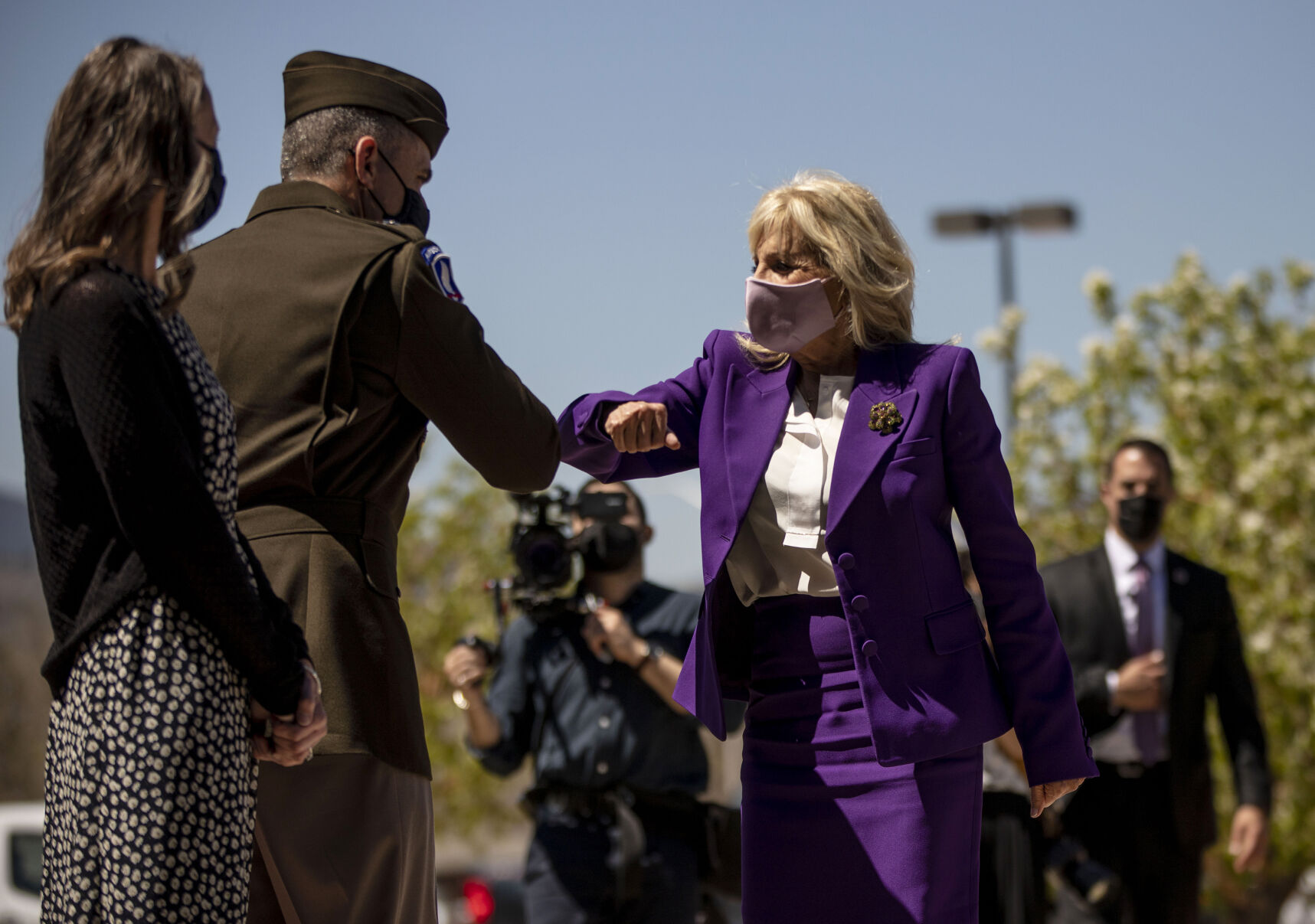 First Lady Jill Biden greets Maj. Gen. Matt McFarlane and his wife Kelly McFarlane during her visit to Fort Carson military base in Colorado Springs, Colo., on Thursday, May 6, 2021. Biden spoke and visited with military spouses, to celebrate spouses ahead of Military Spouse Appreciation Day, during the USO Military Spouse Connection event. (Chancey Bush/ The Gazette) (Chancey Bush/ The Gazette)