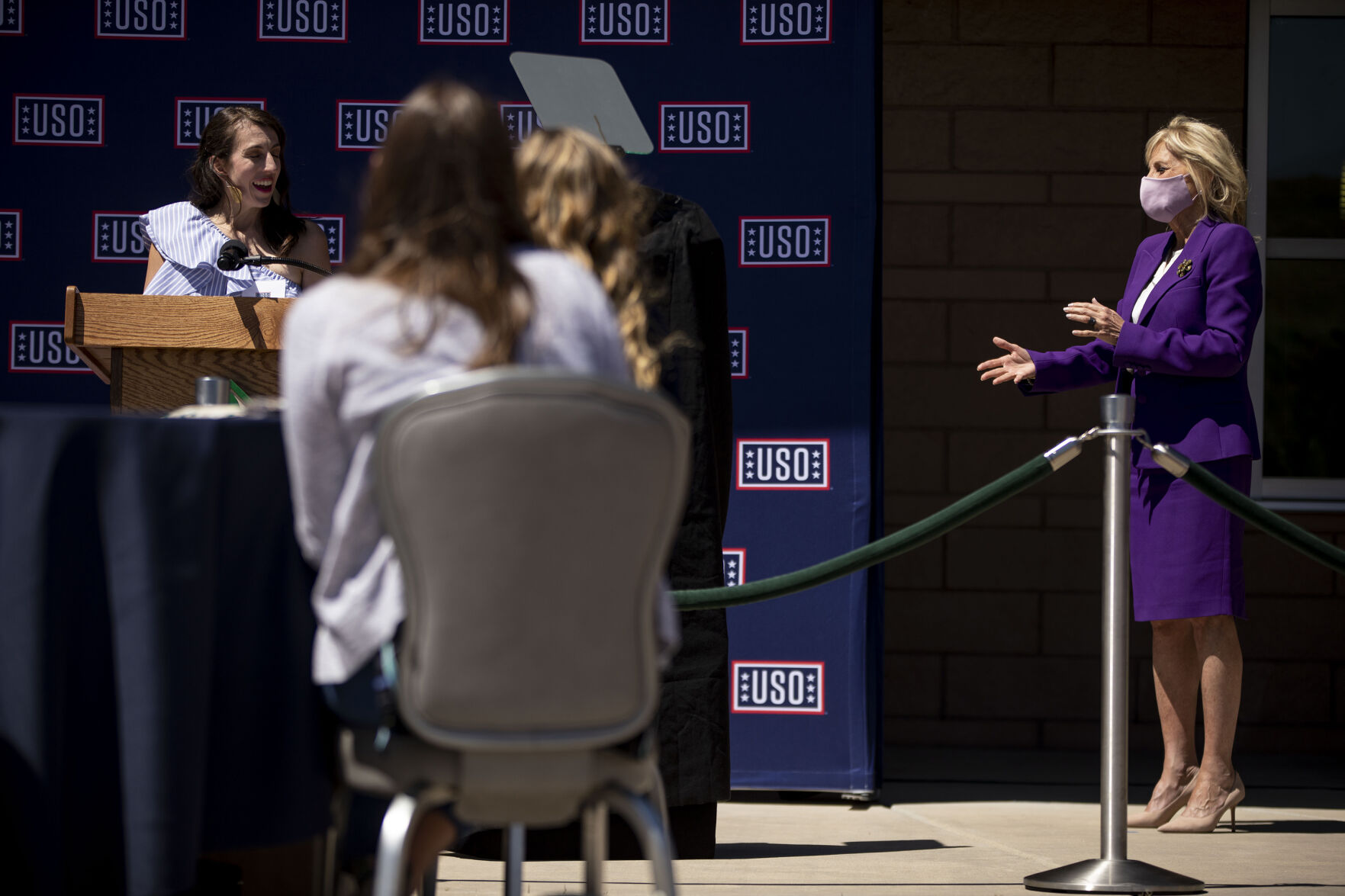 First lady Jill Biden visits with military spouses during the USO Military Spouse Connection event at Fort Carson military base south of Colorado Springs, Colo., on Thursday, May 6, 2021, to celebrate military spouses ahead of Military Spouse Appreciation Day this Friday. (Chancey Bush/ The Gazette) (Chancey Bush/ The Gazette)