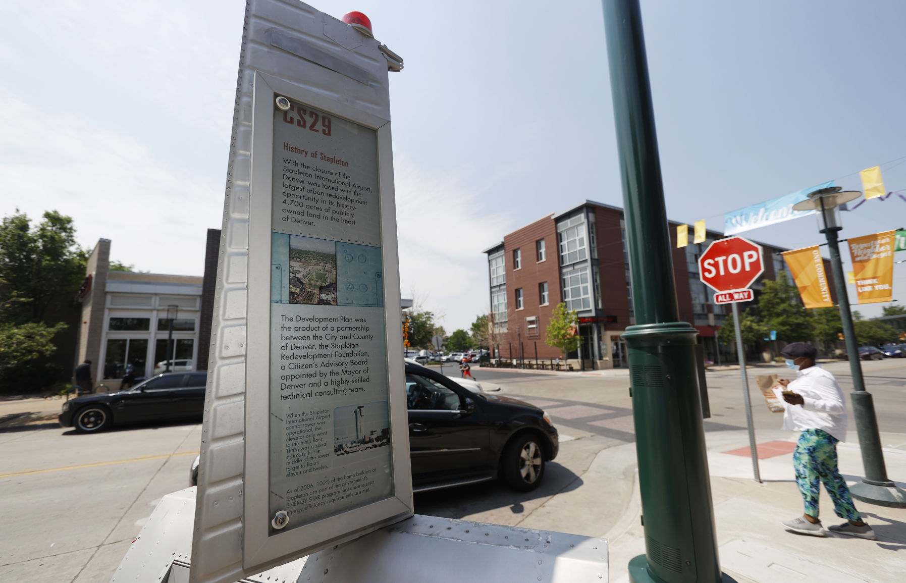 A tablet offers the recent history of the Stapleton neighborhood at 29th Avenue and Roslyn Street on Wednesday in northeast Denver. (the associated press)