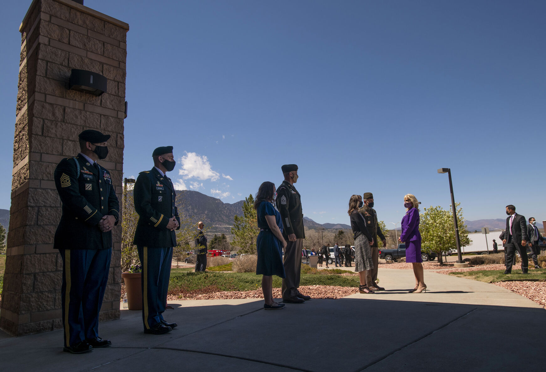First lady Jill Biden greets Maj. Gen. Matt McFarlane and his wife Kelly McFarlane during her visit to Fort Carson military base south of Colorado Springs, Colo., on Thursday, May 6, 2021. Biden spoke and visited with military spouses, to celebrate spouses ahead of Military Spouse Appreciation Day, during the USO Military Spouse Connection event. (Chancey Bush/ The Gazette) (Chancey Bush/ The Gazette)