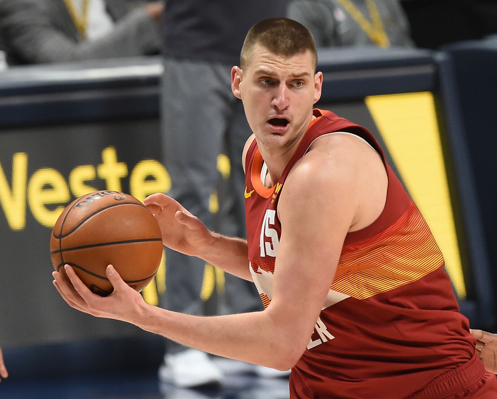 Nuggets Nikola Jokic protects the ball during a game against the Knicks at Ball Arena on Wednesday, May 5, 2021. (Photo by Jerilee Bennett, The Gazette) (JERILEE BENNETT)