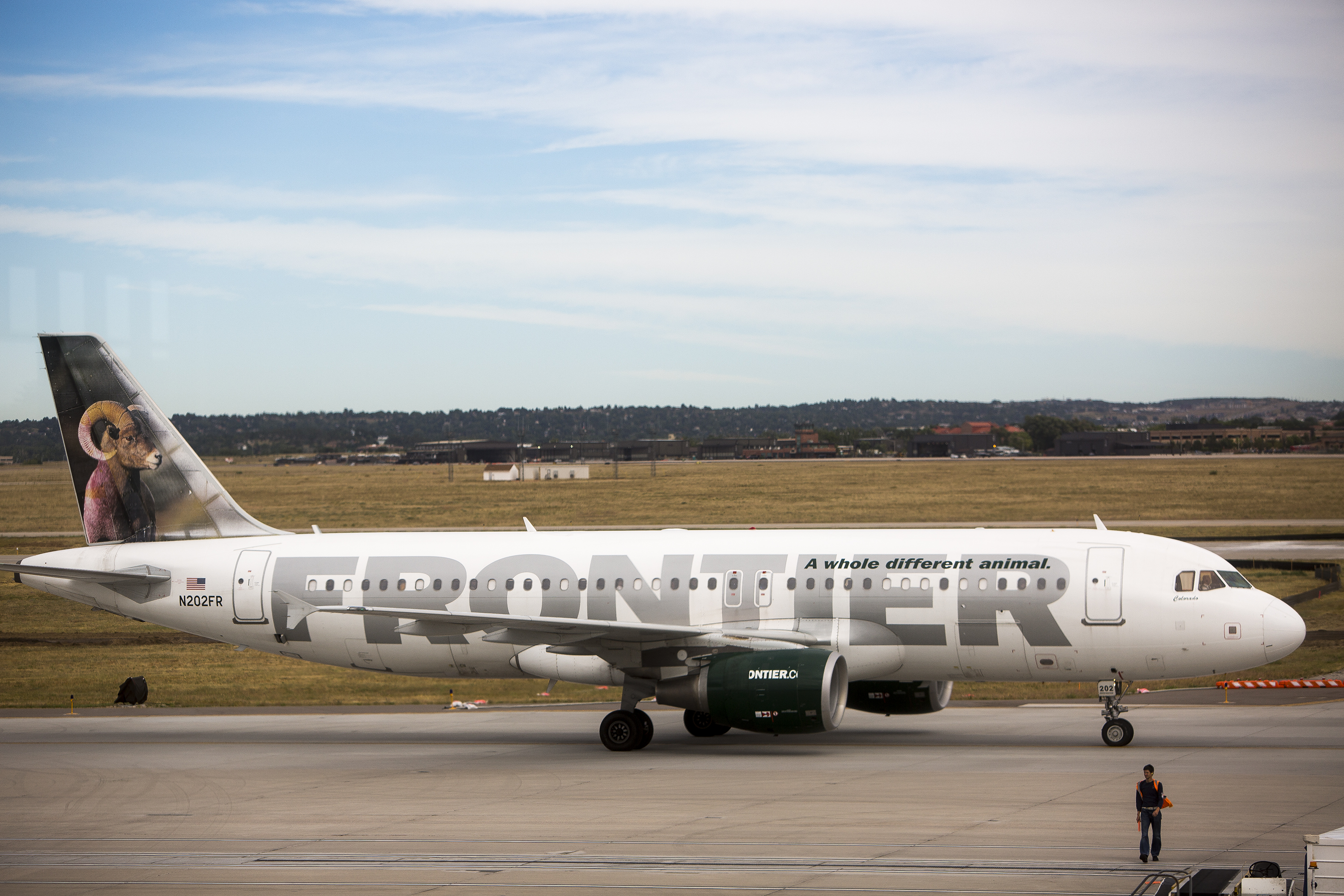 A Frontier Airlines flight to San Diego taxis to the runway after an announcement of new flights at Colorado Springs’ airport in this file photo from September 2017. Photo by Nadav Soroker (NADAV SOROKER, THE GAZETTE)