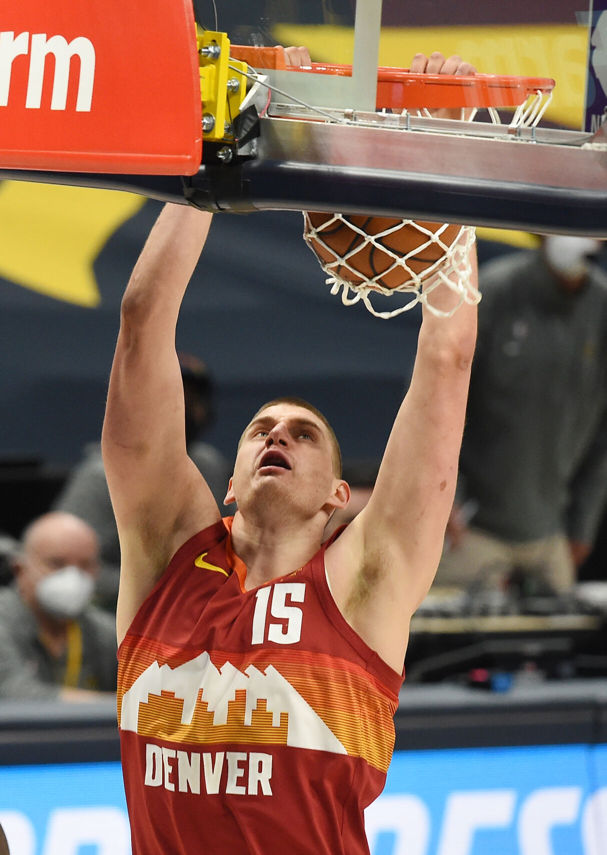 Nugget center Nikola Jokic gets the first of his four dunks in the first quarter of a game against the Knicks at Ball Arena on Wednesday, May 5, 2021. The Nuggets won the game 113-97. .(Photo by Jerilee Bennett, The Gazette) (JERILEE BENNETT)