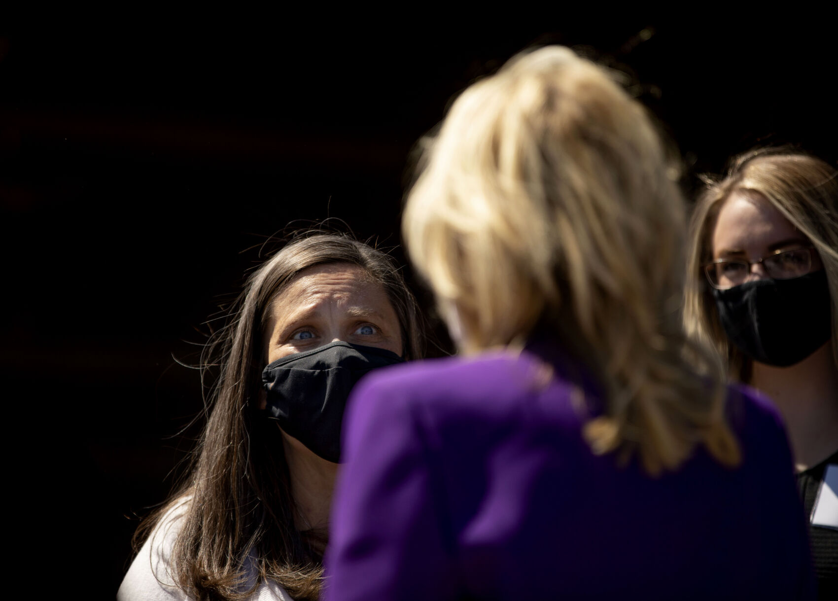 First lady Jill Biden visits with military spouse Amy Cerman during the USO Military Spouse Connection event at Fort Carson military base south of Colorado Springs, Colo., on Thursday, May 6, 2021, to celebrate military spouses ahead of Military Spouse Appreciation Day this Friday. (Chancey Bush/ The Gazette) (Chancey Bush/ The Gazette)