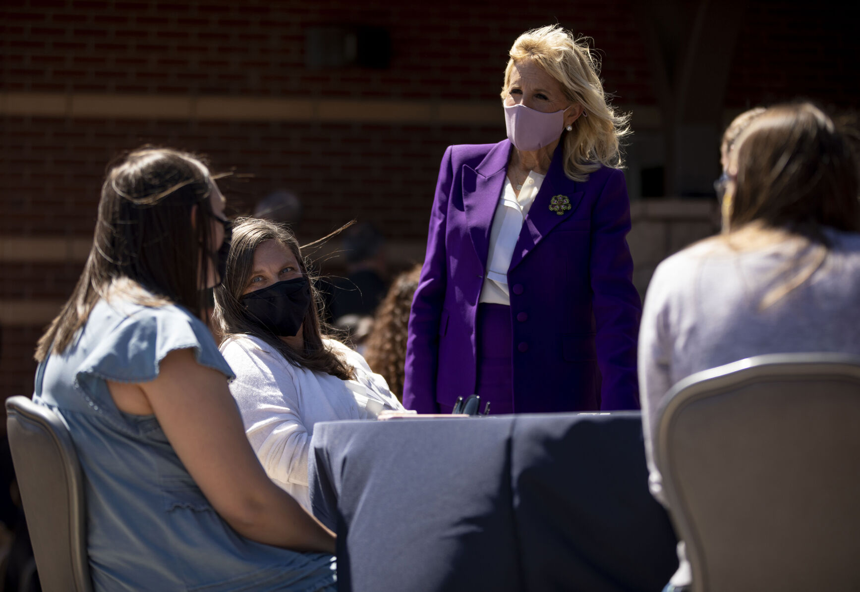 First lady Jill Biden visits with military spouses during her visit to Fort Carson military base south of Colorado Springs, Colo., on Thursday, May 6, 2021. Biden spoke and visited with spouses, to celebrate and honor them ahead of Military Spouse Appreciation Day, during the USO Military Spouse Connection event. (Chancey Bush/ The Gazette) (Chancey Bush/ The Gazette)
