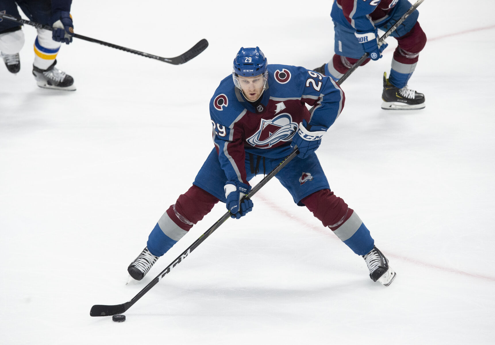 Colorado Avalanche center Nathan MacKinnon (29) in action against the St. Louis Blues during the second period of game one of the Stanley Cup playoffs Monday, May 17, 2021, at Ball Arena in Denver. (The Gazette, Christian Murdock) (Christian Murdock/The Gazette)