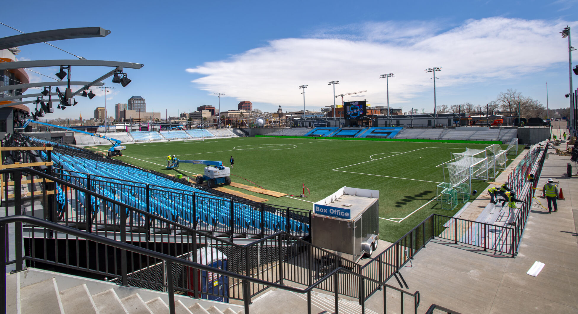 Crews work on the railings Monday, April 19, 2021, to finish the new home of the Switchbacks FC., Weidner Stadium, in downtown Colorado Springs for its opening this weekend. The sculpture at the stadium entrance will be revealed Friday night at 5 p.m. and the soccer team plays their first home preseason game 6 p.m. Saturday against Orange County SC. (The Gazette, Christian Murdock) (Christian Murdock/The Gazette)