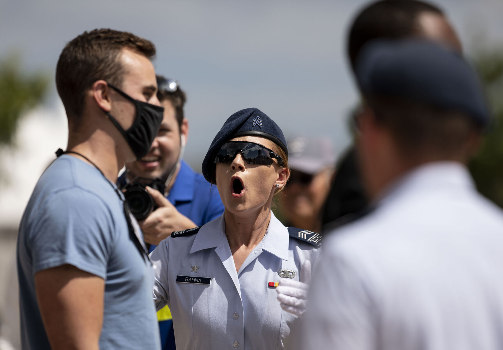 Cadre Bahna yells at basic cadets during In-Processing Day at the United States Air Force Academy in Colorado Springs, Colo., on Thursday, June 24, 2021. Over 1,100 incoming freshman will undergo six weeks of basic training before officially becoming cadets.(Chancey Bush/ The Gazette) (Chancey Bush/ The Gazette)