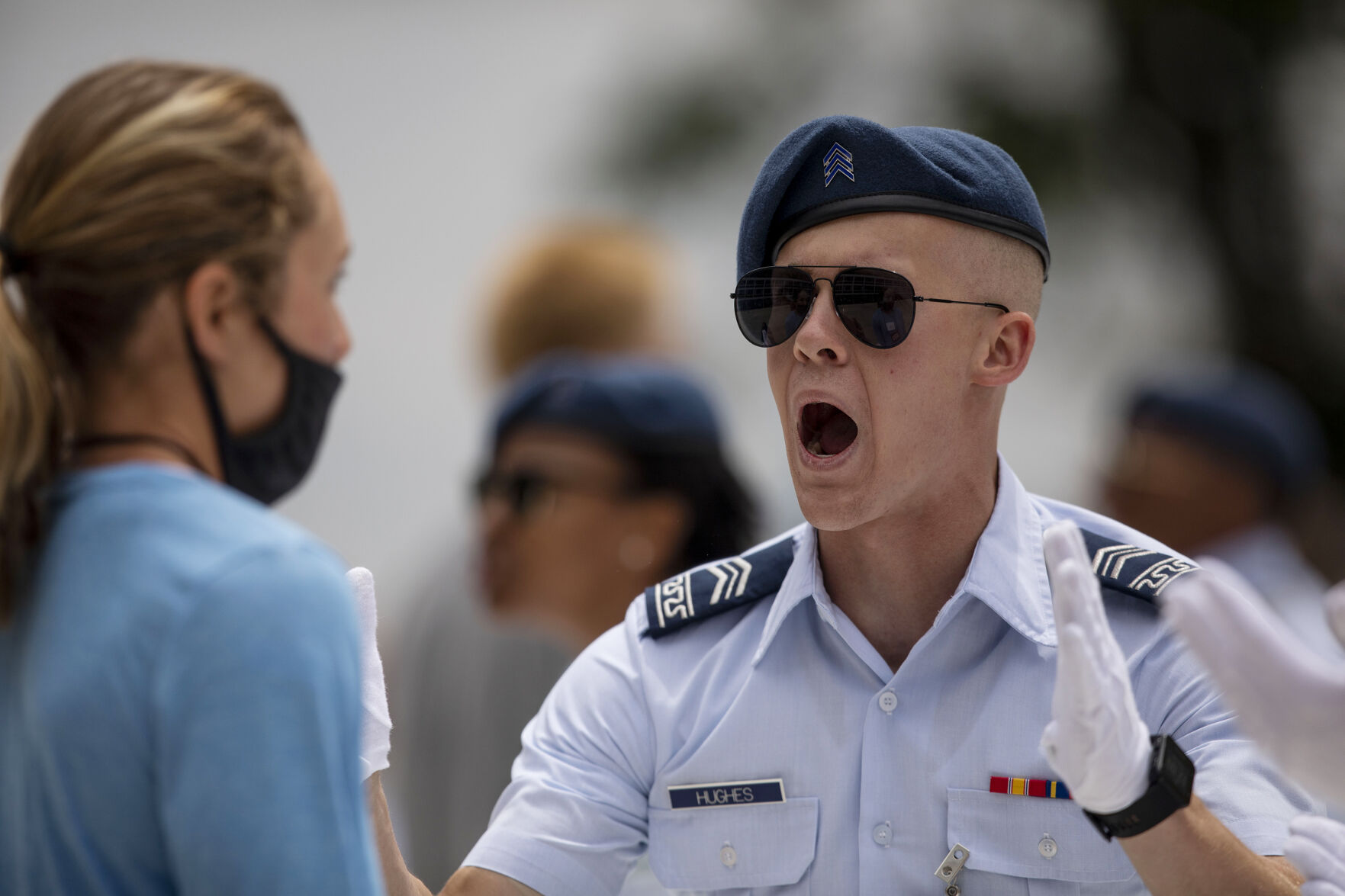 Cadre member Hughes yells at a basic cadet during In-Processing Day at the United States Air Force Academy in Colorado Springs, Colo., on Thursday, June 24, 2021. Over 1,100 incoming freshman will endure six weeks of basic training before officially becoming cadets.(Chancey Bush/ The Gazette) (Chancey Bush/ The Gazette)