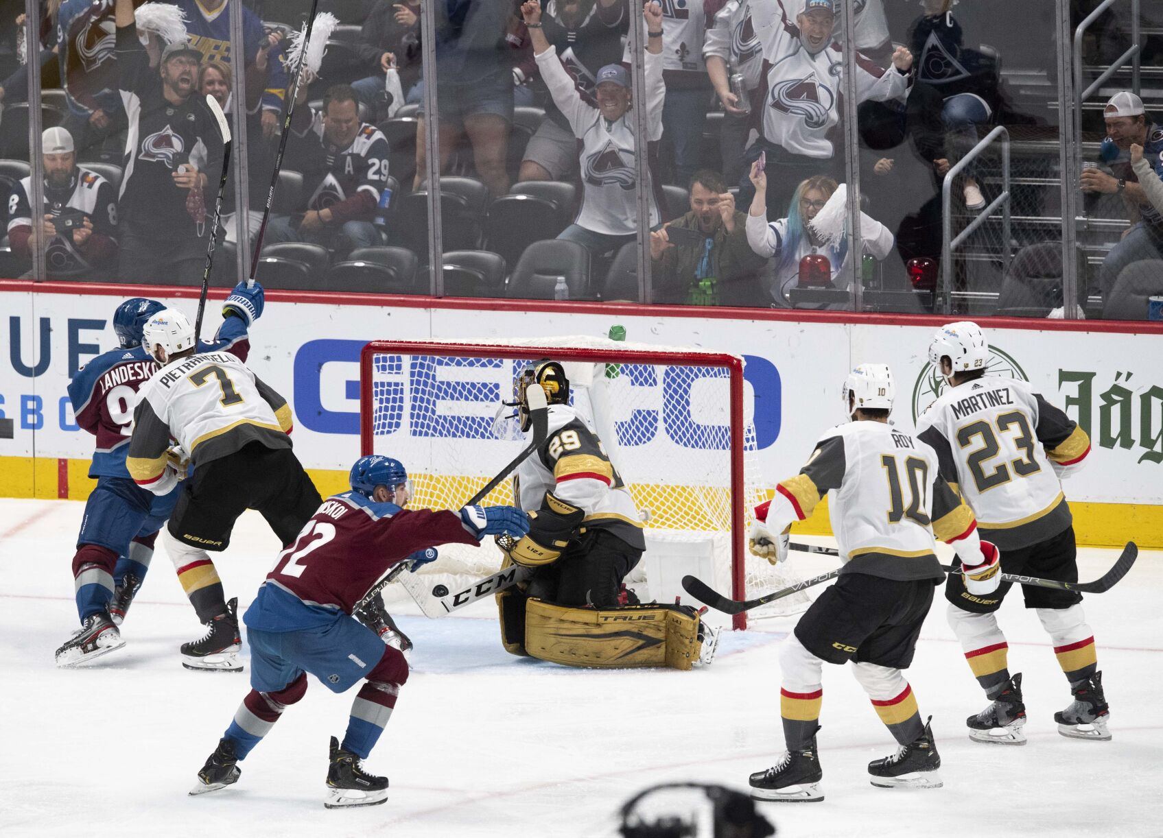 Colorado Avalanche right wing Joonas Donskoi (72) and left wing Gabriel Landeskog (92) celebrate as right wing Mikko Rantanen (96) scores the winning goal in overtime of game two in the second round of the Stanley Cup Playoffs Wednesday, June 2, 2021, at Ball Arena in Denver. The Avs won 3-2. (The Gazette, Christian Murdock) (Christian Murdock/The Gazette)