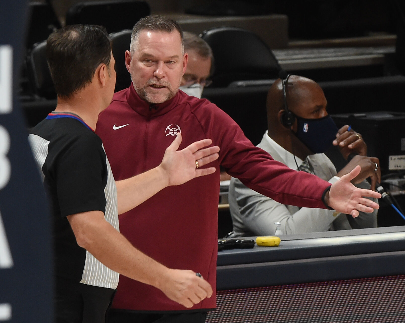Denver’s Head Coach Michael Malone argues with the ref during the second quarter of game 4 of the conference semifinals at Ball Arena on Sunday, June 13, 2021. (Photo by Jerilee Bennett, The Gazette) (JERILEE BENNETT)