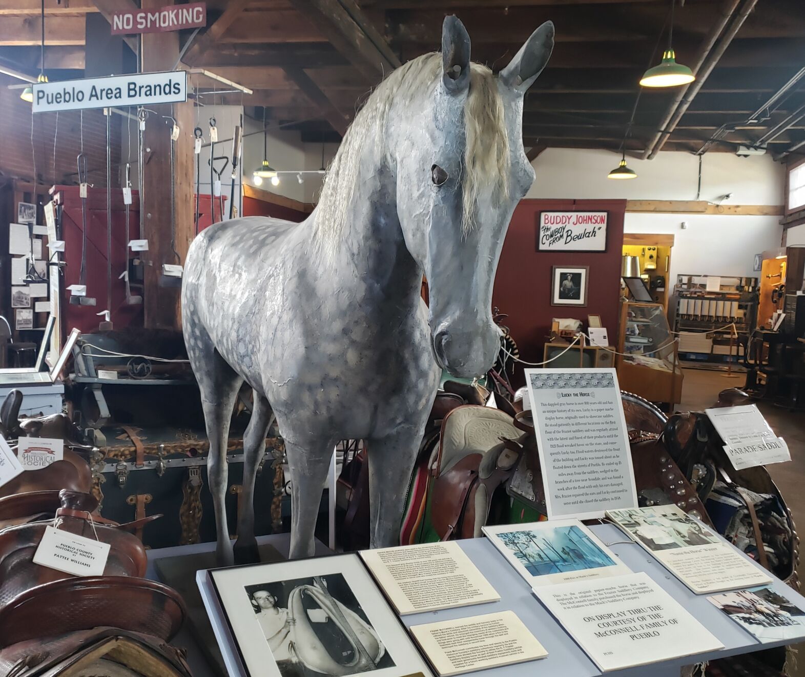 Lucky, a hemp mache horse, survived the 1921 Pueblo flood. The torrential waters carried him out of the saddlery where he served as a model miles down stream and into a tree where a farmer found him. In the 1980s, he survived a fire. He now amuses guests at the Pueblo Heritage Museum. (Mary Shinn/The Gazette)