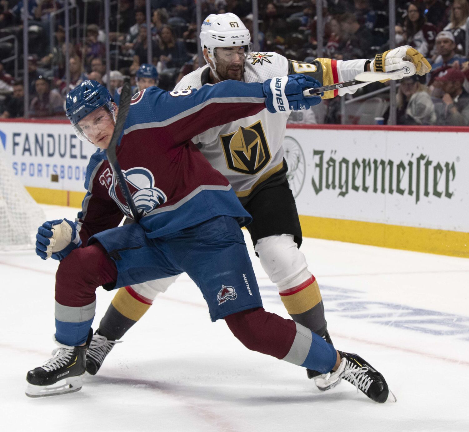 Vegas Golden Knights left wing Max Pacioretty (67) is called for holding against Colorado Avalanche defenseman Cale Makar (8) during the first period of game two in the second round of the Stanley Cup Playoffs Wednesday, June 2, 2021, at Ball Arena in Denver. (The Gazette, Christian Murdock) (Christian Murdock/The Gazette)