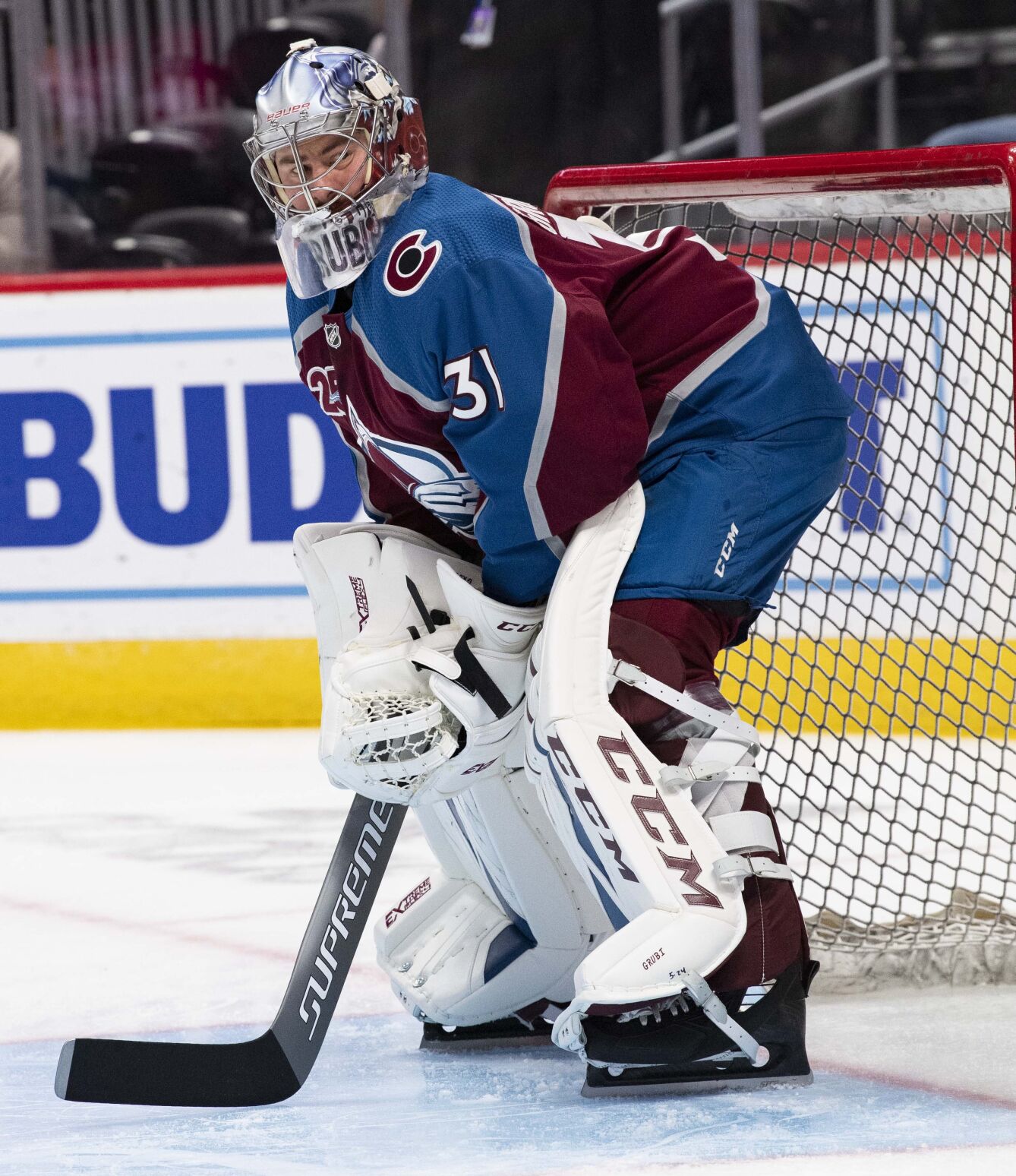 Colorado Avalanche goaltender Philipp Grubauer (31) warms up before game two in the second round of the Stanley Cup Playoffs Wednesday, June 2, 2021, at Ball Arena in Denver. (The Gazette, Christian Murdock) (Christian Murdock/The Gazette)