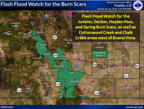 Flash flood watches were issued for several burn scars along Colorado's Front Range and southern Colorado