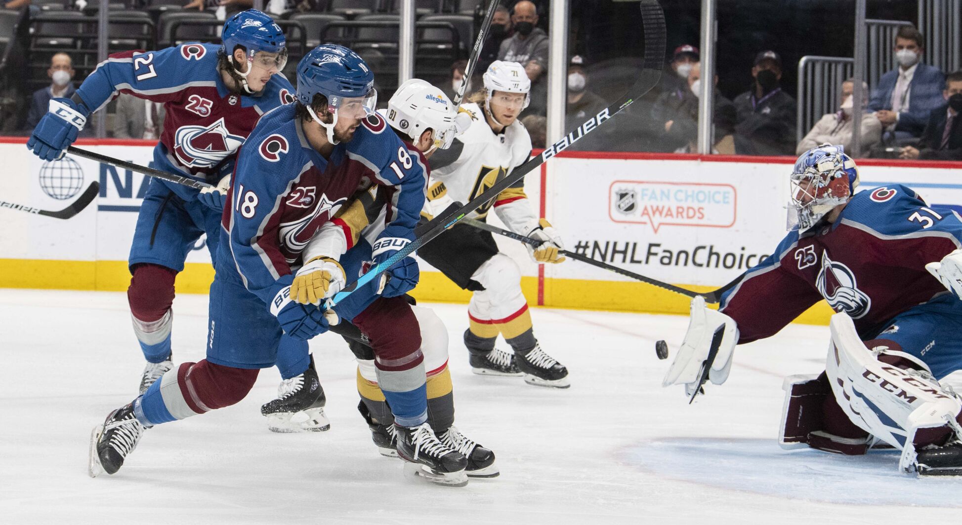 Colorado Avalanche goaltender Philipp Grubauer (31) makes a save as center Alex Newhook (18) defends against Vegas Golden Knights center Jonathan Marchessault (81) during the first period of game two in the second round of the Stanley Cup Playoffs Wednesday, June 2, 2021, at Ball Arena in Denver. (The Gazette, Christian Murdock) (Christian Murdock/The Gazette)