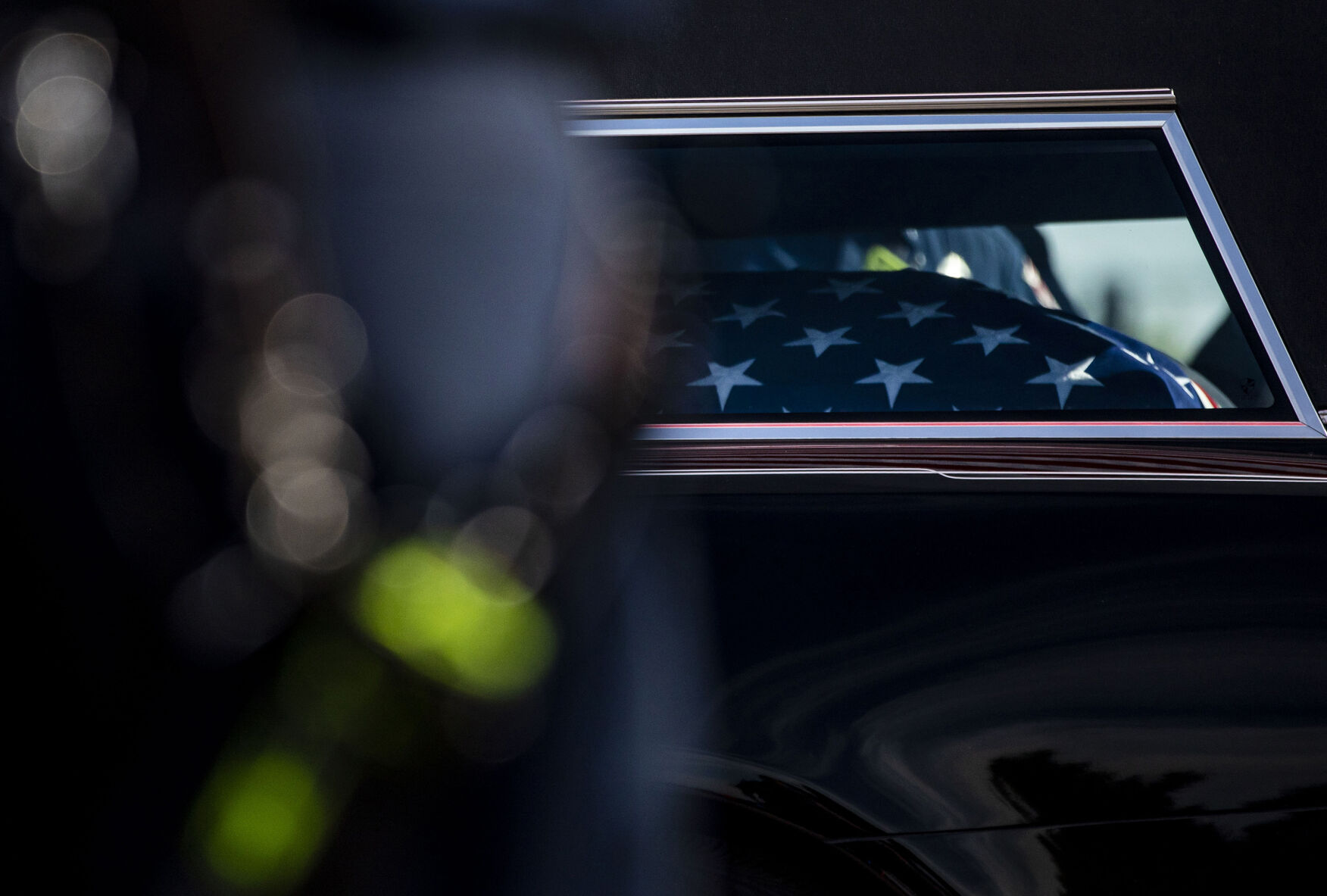 The casket of slain Arvada police officer Gordon Beesley during a funeral procession in Lafayette, Colo., on Tuesday, June 29, 2021. A funeral was held at the Flatirons Community Church for officer Beesley, who was a 19-year veteran of the Arvada Police Department. Officer Beesley was killed by a gunman in Olde Town Arvada plaza on June 21, 2021. (Chancey Bush/ The Gazette) (Chancey Bush)