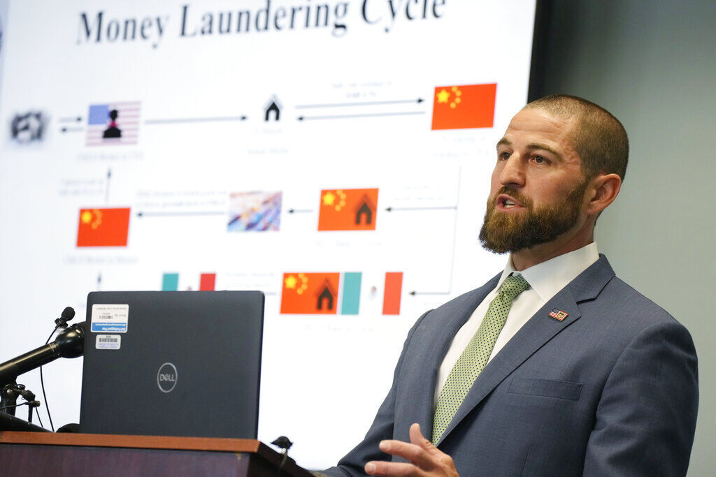 Steve Cagen, special agent in charge of Homeland Security Investigations, makes a point during a news conference Thursday, June 10, 2021,in Centennial, Colo. Three agencies—Homeland Security, the office of the district attorney in the 18th Judicial District of Colorado and the Drug Enforcement Administration—held the news conference to explain the major grand jury indictments issued in a money-laundering scheme involving the distribution of drugs by major cartels and how the money earned was then laundered through contacts in China. ((AP Photo/David Zalubowski))