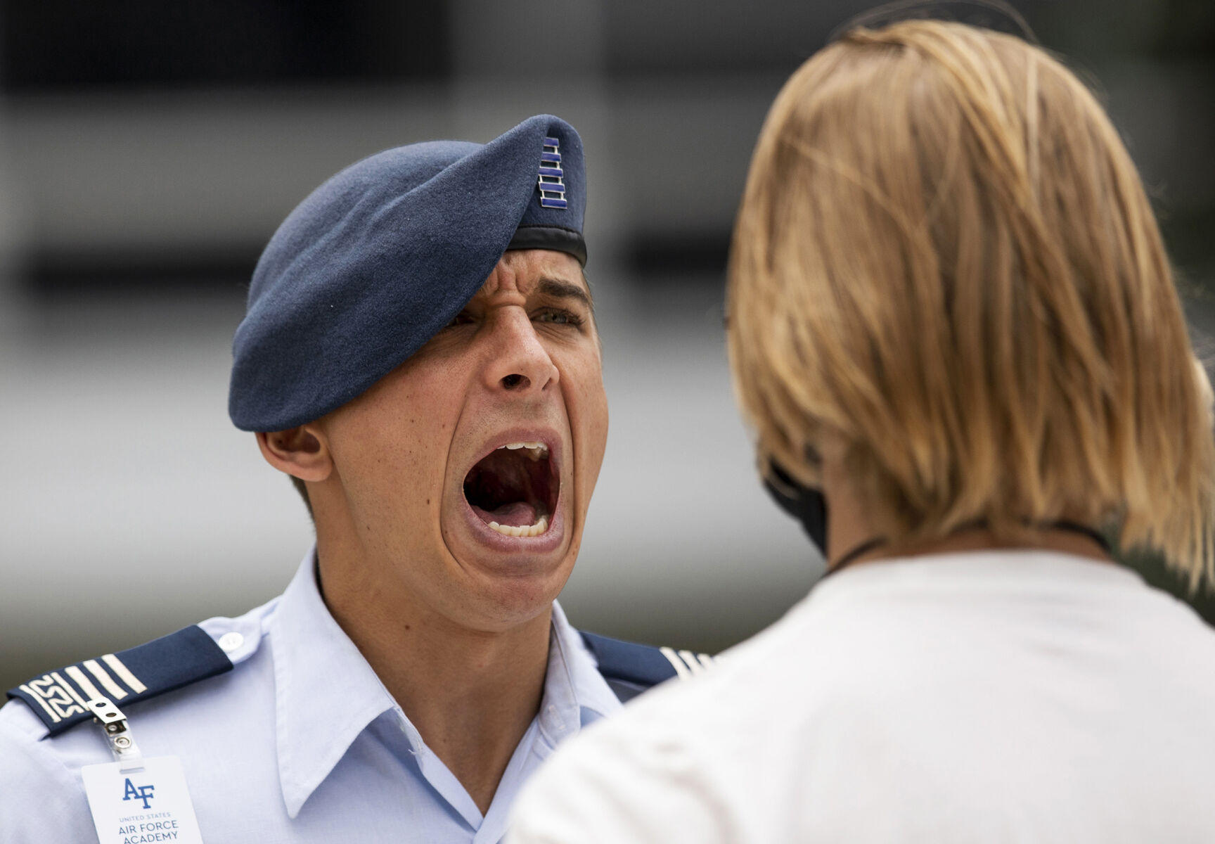 Cadre member Vadnais yells at a basic cadet during In-Processing Day at the United States Air Force Academy in Colorado Springs, Colo., on Thursday, June 24, 2021. Over 1,100 incoming freshman will undergo six weeks of basic training before officially becoming cadets.(Chancey Bush/ The Gazette) (Chancey Bush/ The Gazette)