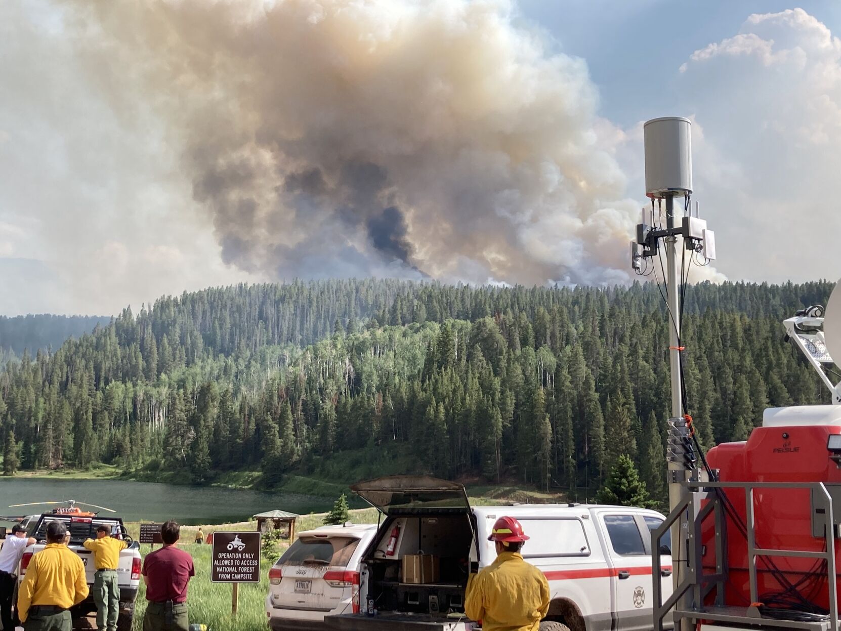 Crews fighting the Sylvan Lake fire were aided by cloud cover on Tuesday after the fire grew 1,000 acres overnight. The crews do not have all the air support they would like to have because resources are stretched thin nationally. Photo by White River National Forest (White River National Forest)
