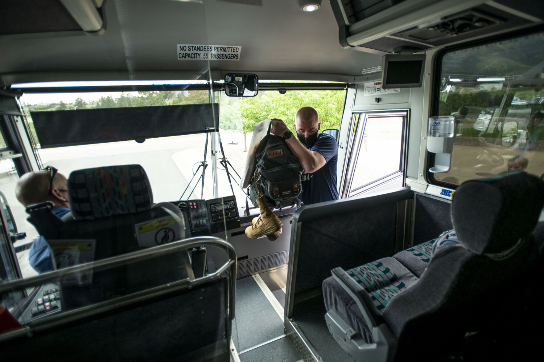 Basic cadets load onto a bus during In-Processing Day at the United States Air Force Academy in Colorado Springs, Colo., on Thursday, June 24, 2021. Over 1,100 incoming freshman will endure six weeks of basic training before officially becoming cadets.(Chancey Bush/ The Gazette) (Chancey Bush/ The Gazette)