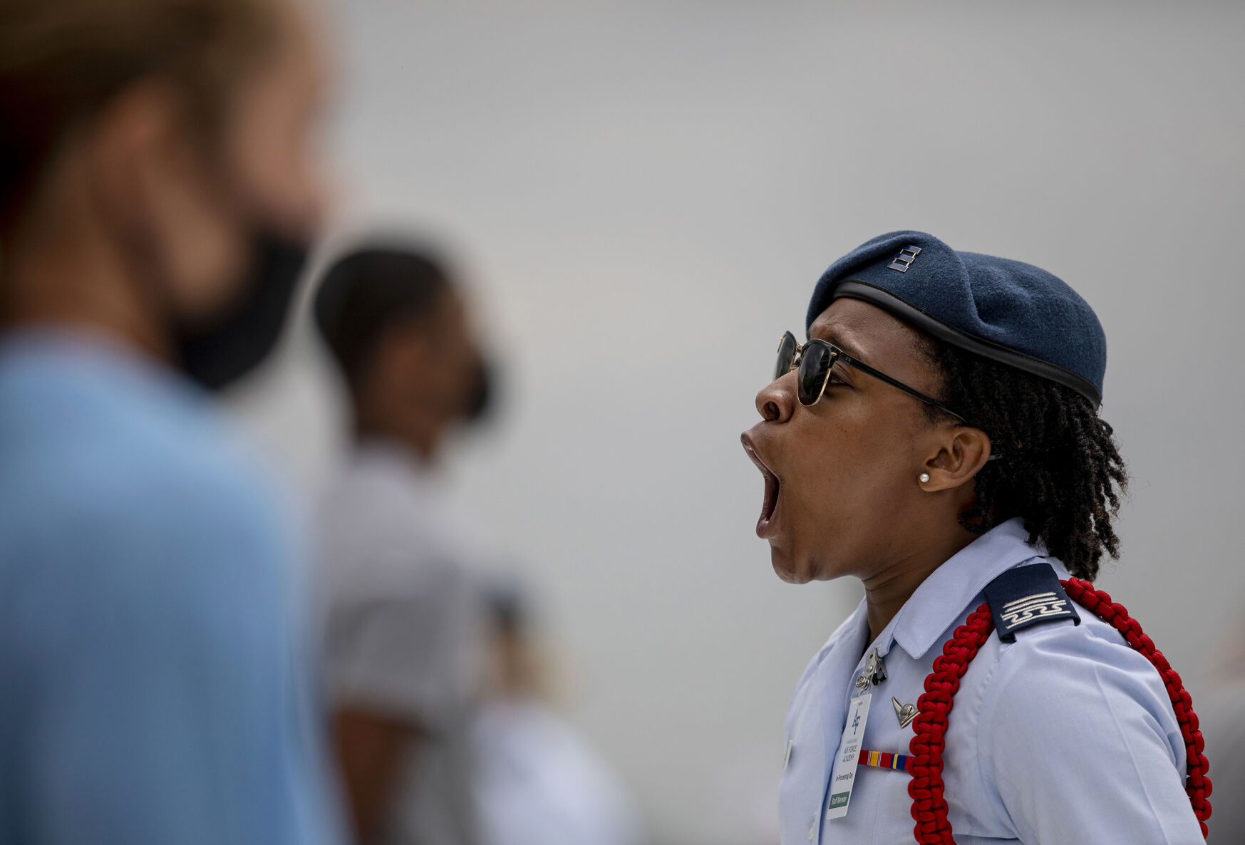 Cadre member Holt yells at a basic cadet during In-Processing Day at the United States Air Force Academy in Colorado Springs, Colo., on Thursday, June 24, 2021. Over 1,100 incoming freshman will endure six weeks of basic training before officially becoming cadets.(Chancey Bush/ The Gazette) (Chancey Bush/ The Gazette)