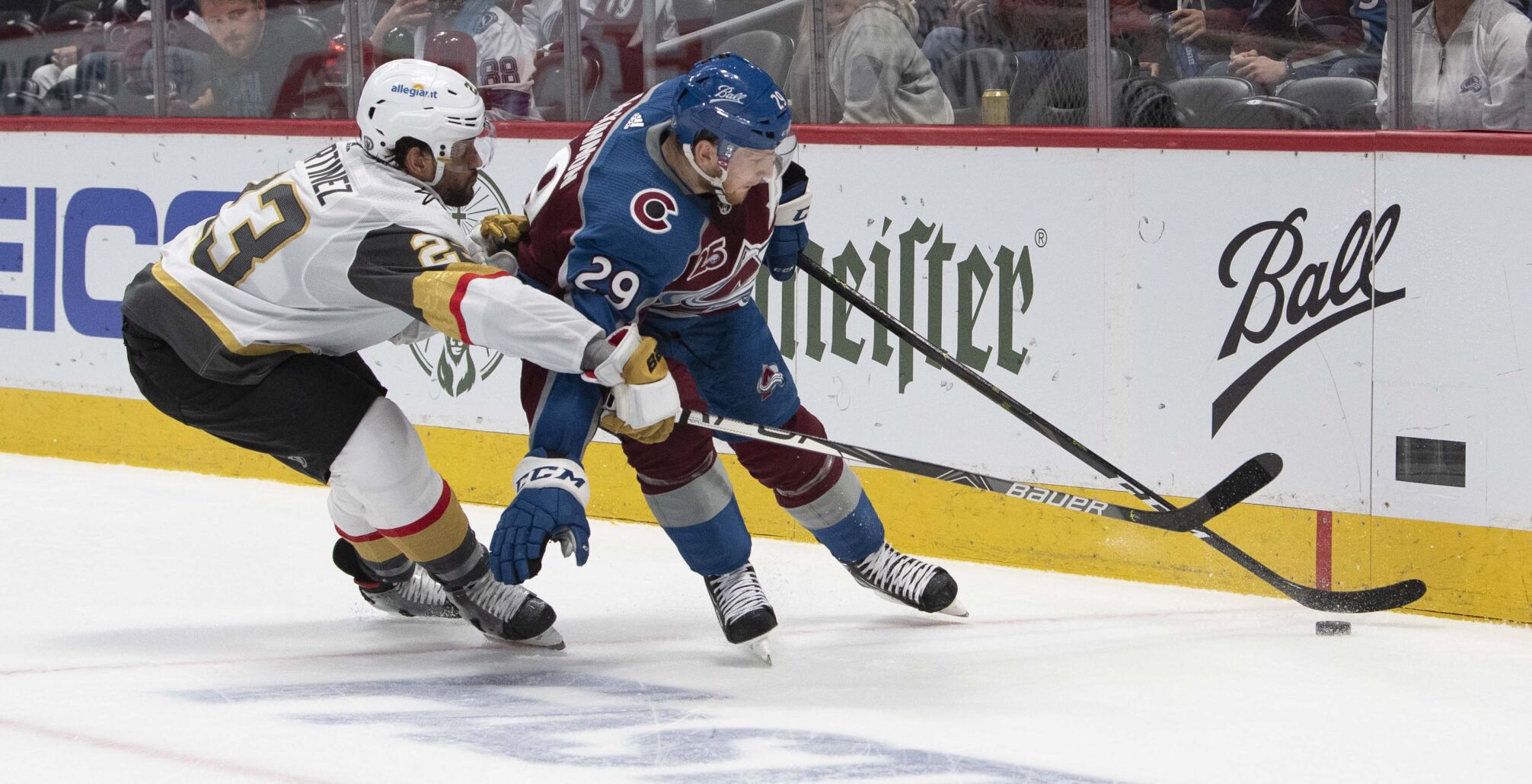 Colorado Avalanche center Nathan MacKinnon (29) skates behind the Vegas Golden Knights goal as Vegas Golden Knights defenseman Alec Martinez (23) defend during the second period of game two in the second round of the Stanley Cup Playoffs Wednesday, June 2, 2021, at Ball Arena in Denver. (The Gazette, Christian Murdock) (Christian Murdock/The Gazette)