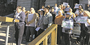 Eileen McCarron, president of Colorado Ceasefire, leads a rally at the Capitol on Monday asking Coloradans to “stand strong” in supporting lawmakers who back tough gun control laws.Photos by Peter Marcus/The Colorado Statesman