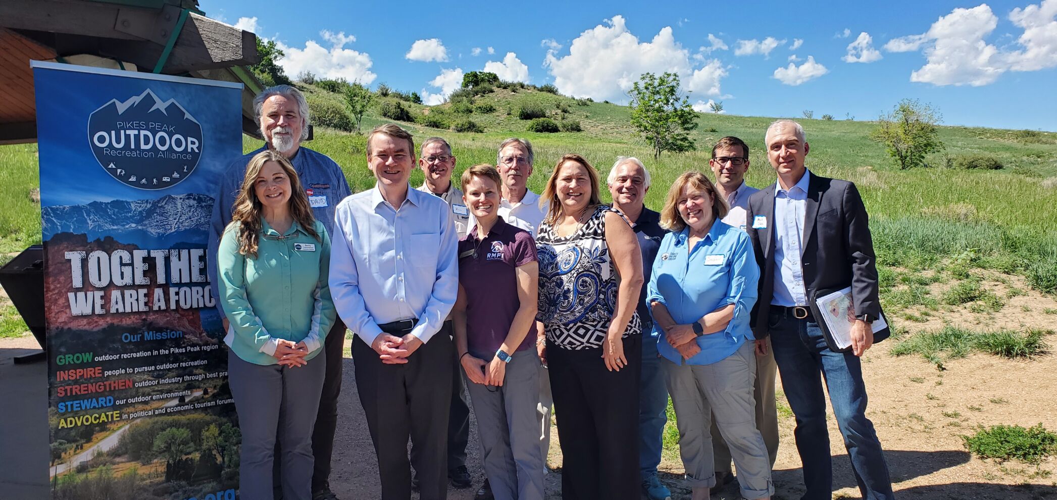 Members of the Pikes Peak Outdoor Recreation Alliance met with Colorado Democratic U.S. Sen. Michael Bennet, pictured second from left in the front row, on Thursdayat Bear Creek Regional Park in Colorado Springs to share their priorities and discuss how Bennet’s Outdoor Restoration Partnership Act would support their work. (Breeanna Jent, The Gazette)
