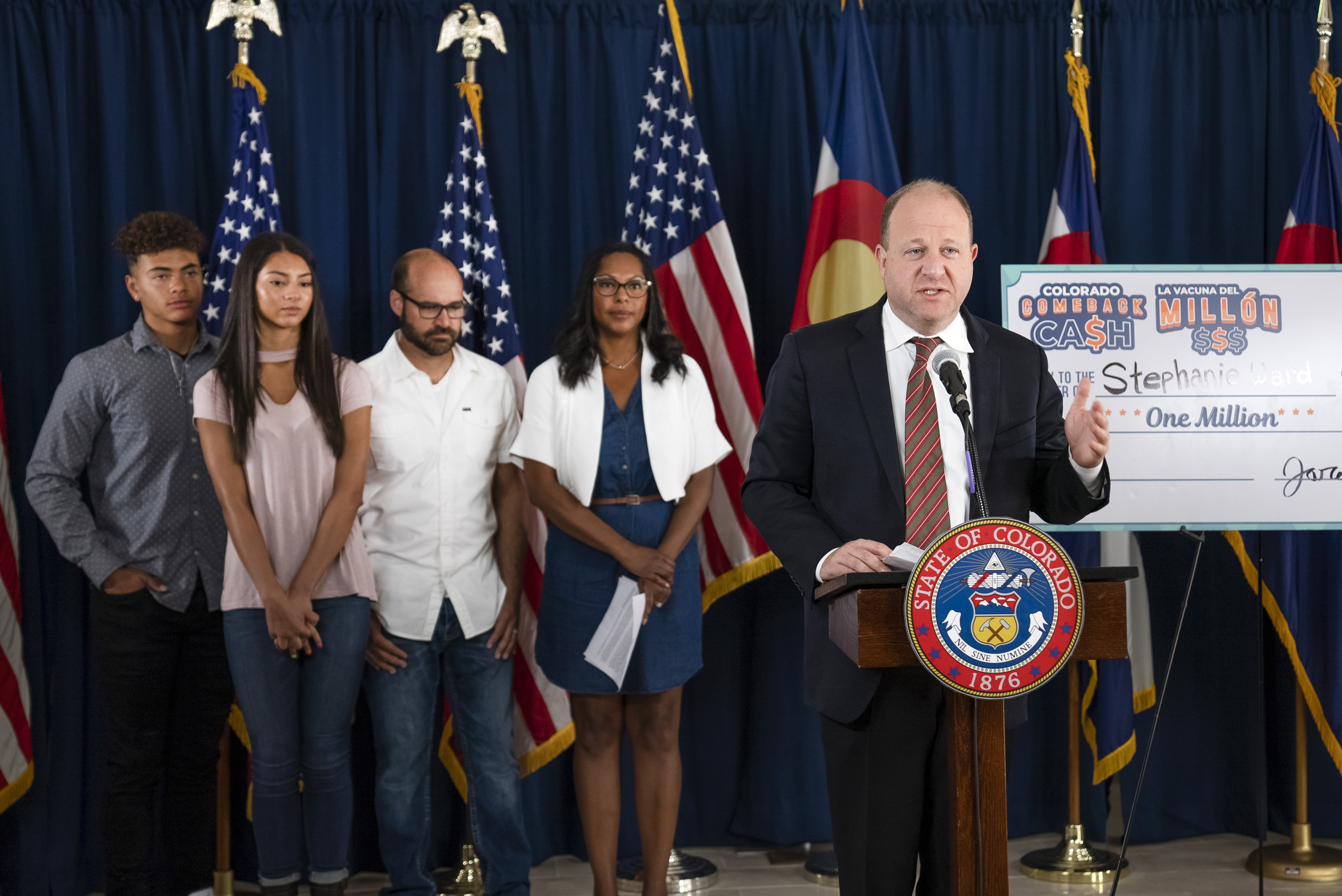 Gov. Jared Polis announces the second $1 million winner of Colorado’s Comeback Cash Vaccine drawing, Stephanie Ward from Littleton, at the Governor's Residence at the Boettcher Mansion in Denver, Colo. on Friday, June 11, 2021. (Katie Klann/The Denver Gazette) (KatieKlannkatie.klann@gazette.comhttps://secure.gravatar.com/avatar/15e8af752374ad1abb67090ceaed3ec3?d=mm&r=g)