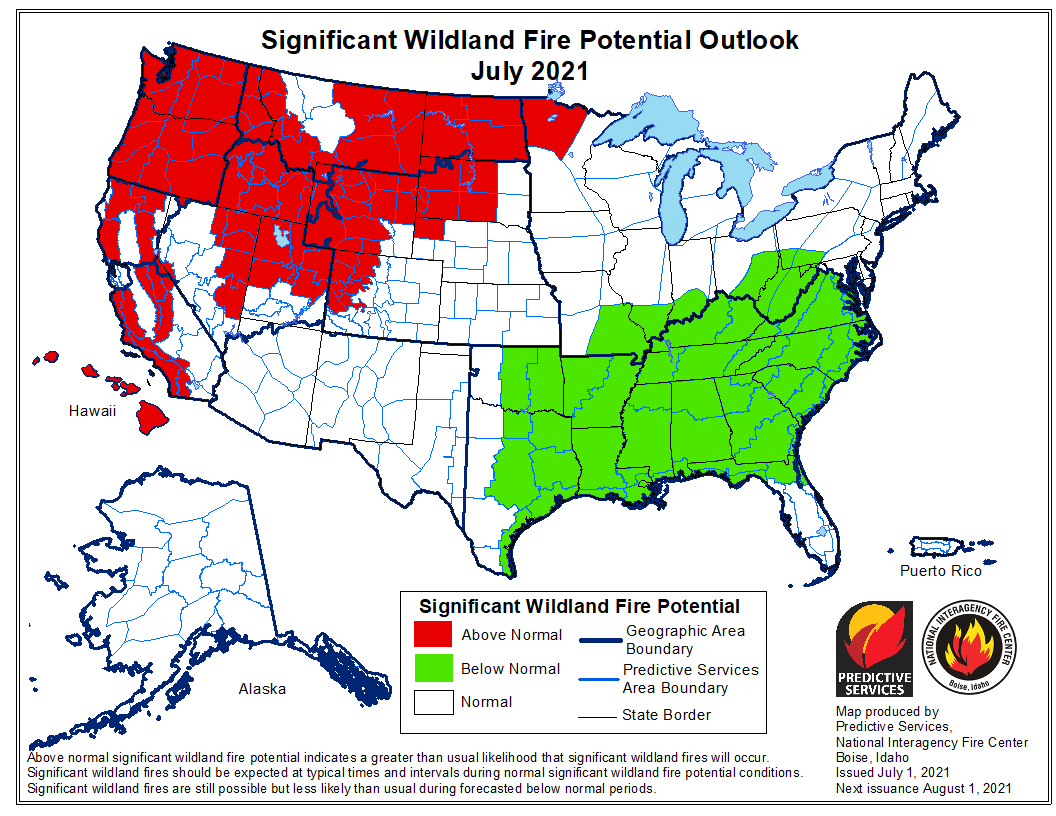 The National Interagency Fire Center predicts above average fire risk for vast swaths of the country in July. (Courtesy image)