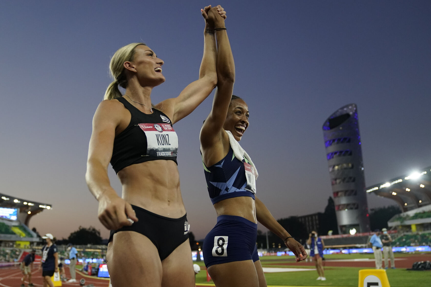 Annie Kunz, from Denver, reacts after winning the heptathlon with Kendell Williams at the U.S. Olympic Track and Field Trials Sunday, June 27, 2021, in Eugene, Ore. (AP Photo/Ashley Landis) (Ashley Landis)