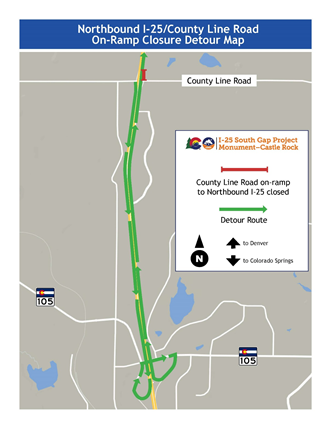 Northbound I-25/County Line Road on-ramp closure detour map