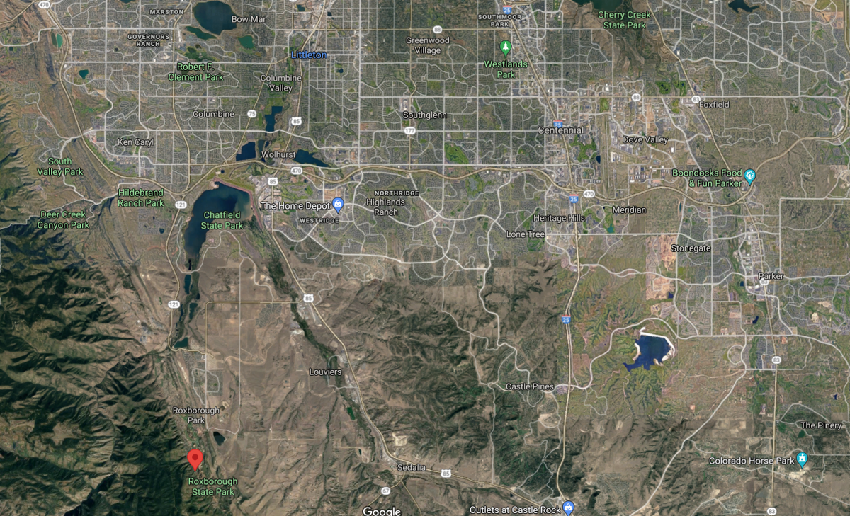 This image shows where the fire occurred in relation to Roxborough State Park, indicated by the red pin drop on the bottom left corner of the map. Map Credit: @2021 Google Maps.