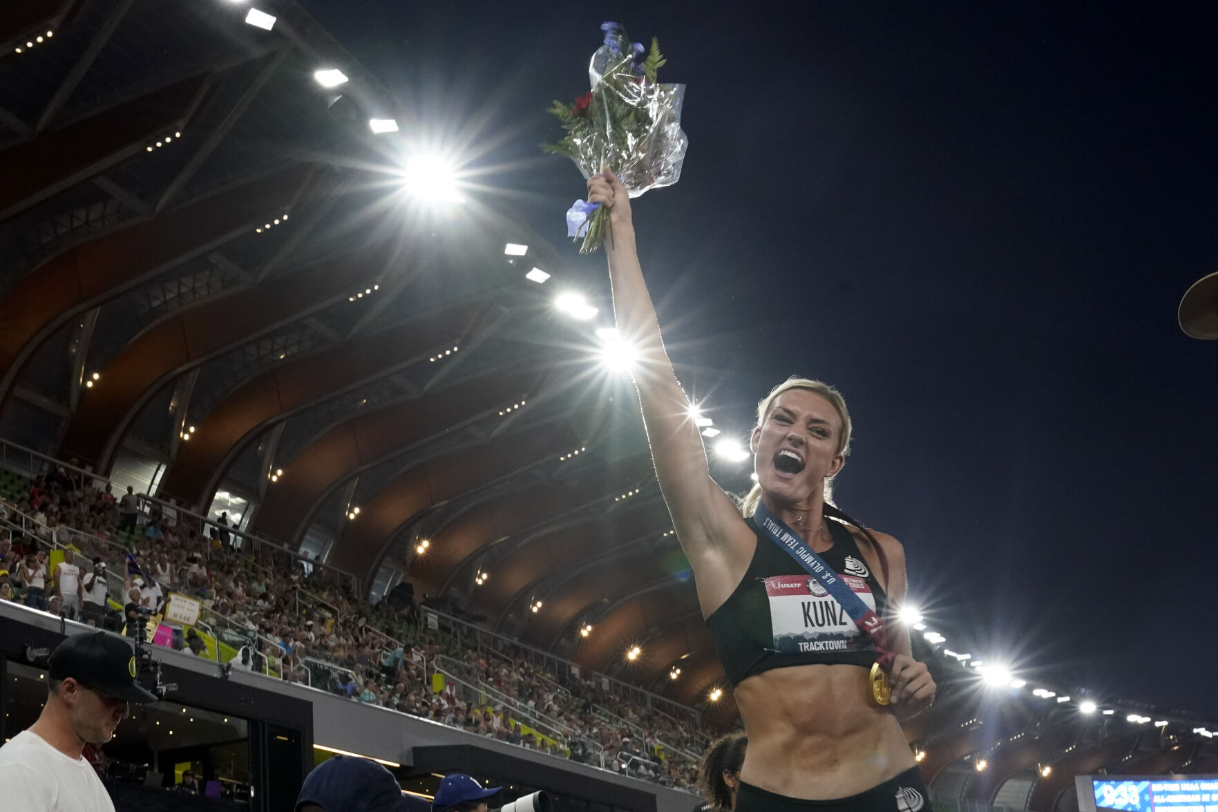 Annie Kunz reacts after winning the heptathlon at the U.S. Olympic Track and Field Trials Sunday, June 27, 2021, in Eugene, Ore. (AP Photo/Ashley Landis) (Ashley Landis)
