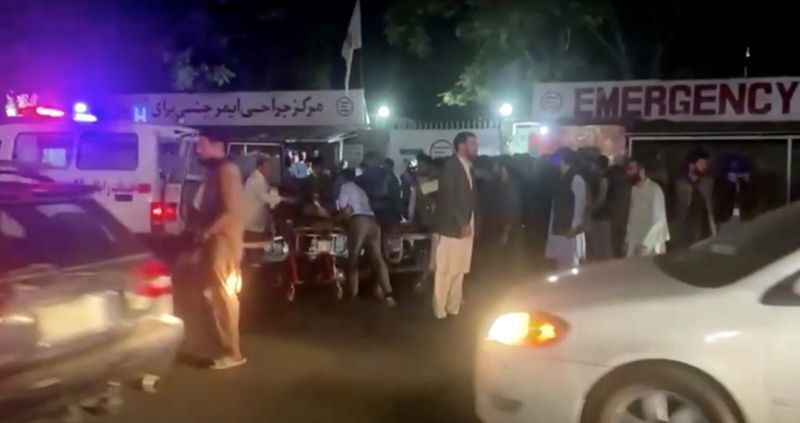 A screen grab shows people outside a hospital after an attack at Kabul airport, in Kabul, Afghanistan August 26, 2021. REUTERS TV/via REUTERS (REUTERS TV)